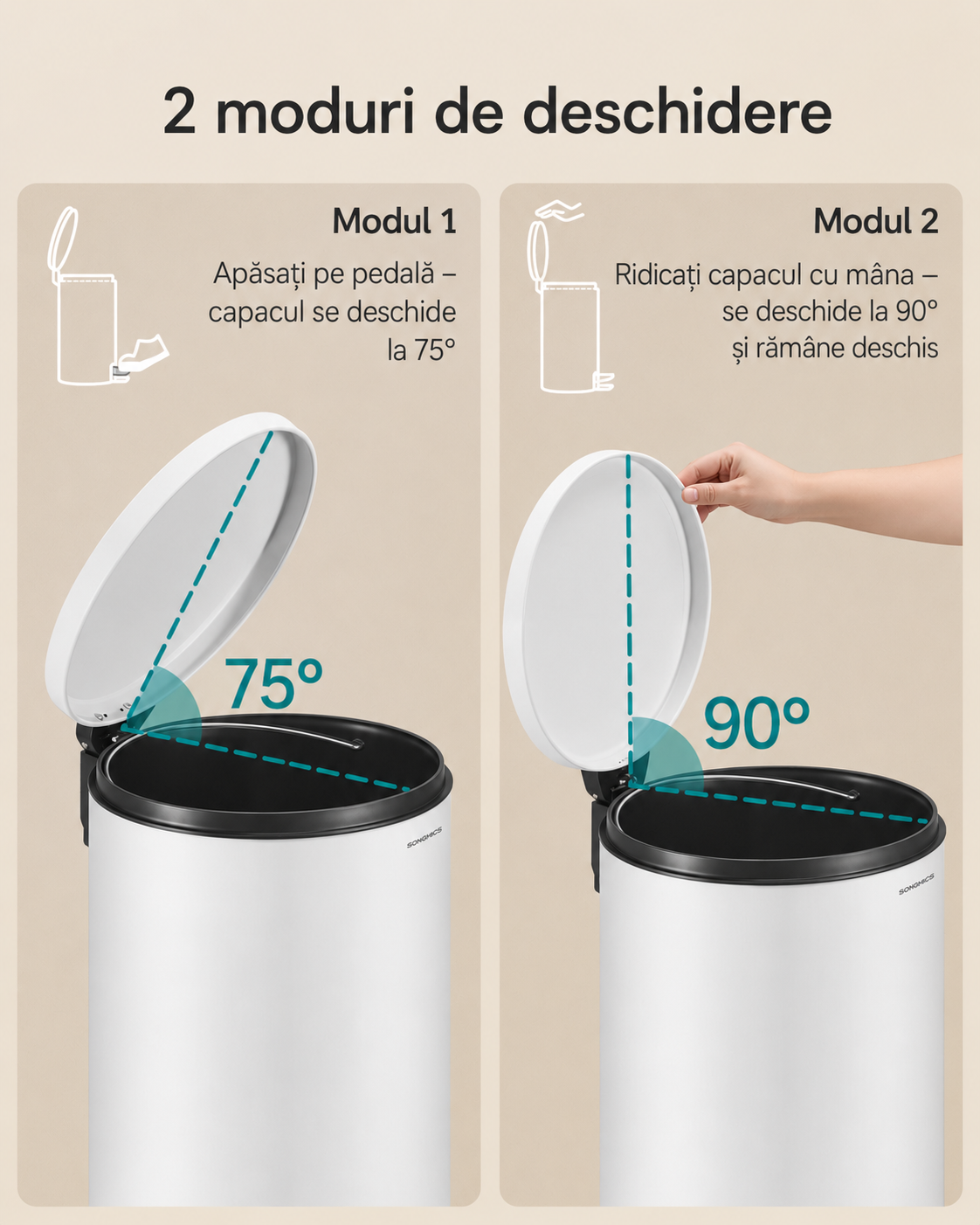 SONGMICS Cos de gunoi cu pedala, capac soft-close, galeata detasabila, otel, 30L, saci menajeri inclusi, alb - Image 6