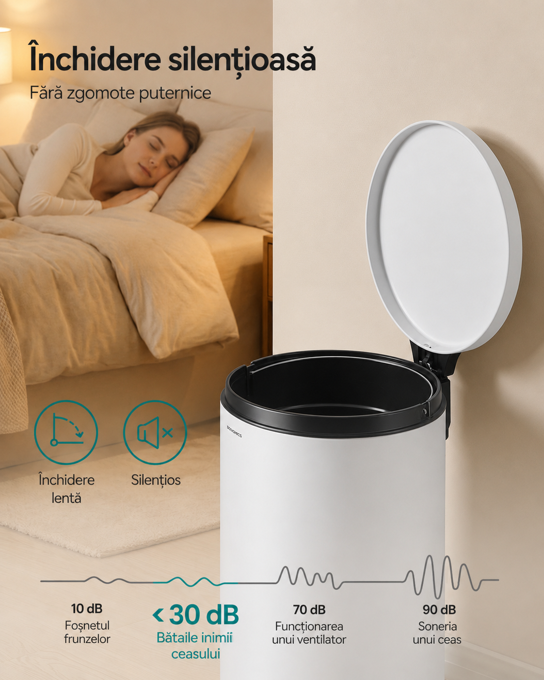 SONGMICS Cos de gunoi cu pedala, capac soft-close, galeata detasabila, otel, 30L, saci menajeri inclusi, alb - Image 7