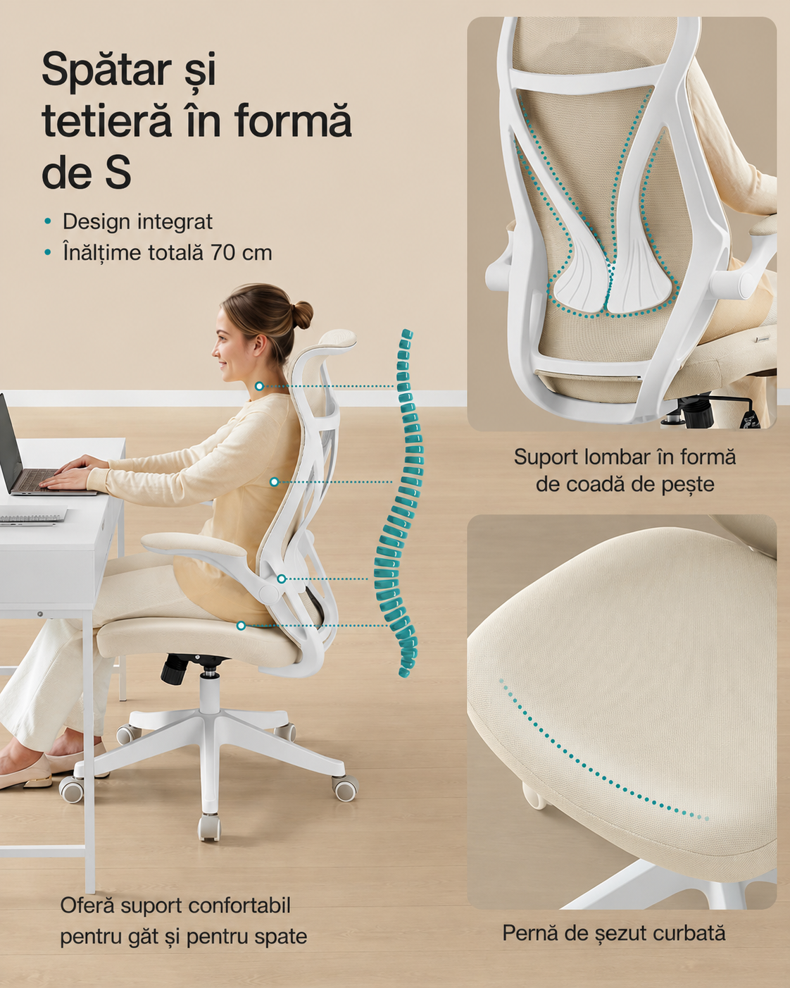SONGMICS Scaun birou ergonomic cu tetiera, suport lombar, brate rabatabile, maxim 150 kg, 71x71x119 cm, cappuccino bej - Image 3