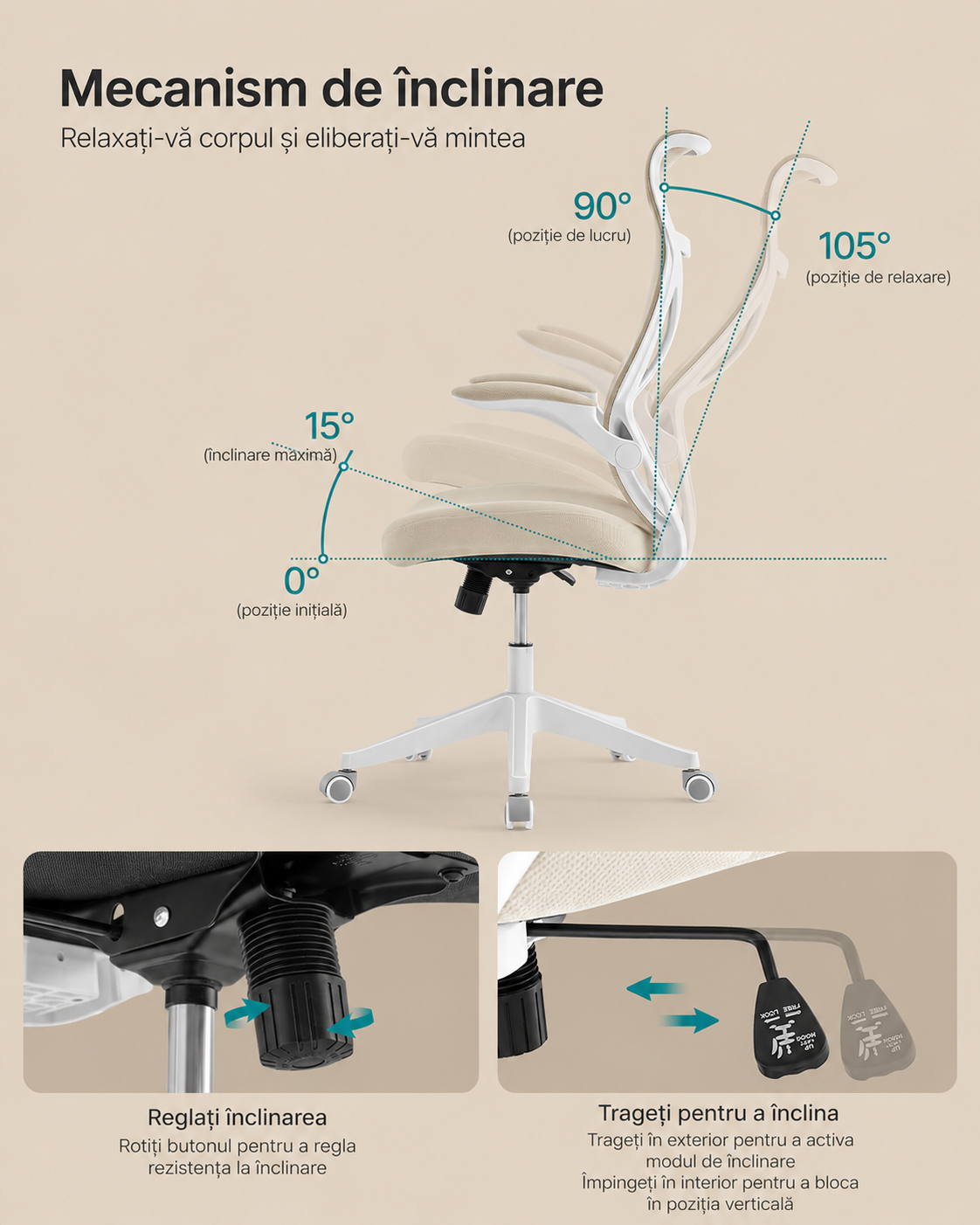 SONGMICS Scaun birou ergonomic cu tetiera, suport lombar, brate rabatabile, maxim 150 kg, 71x71x119 cm, cappuccino bej - Image 4