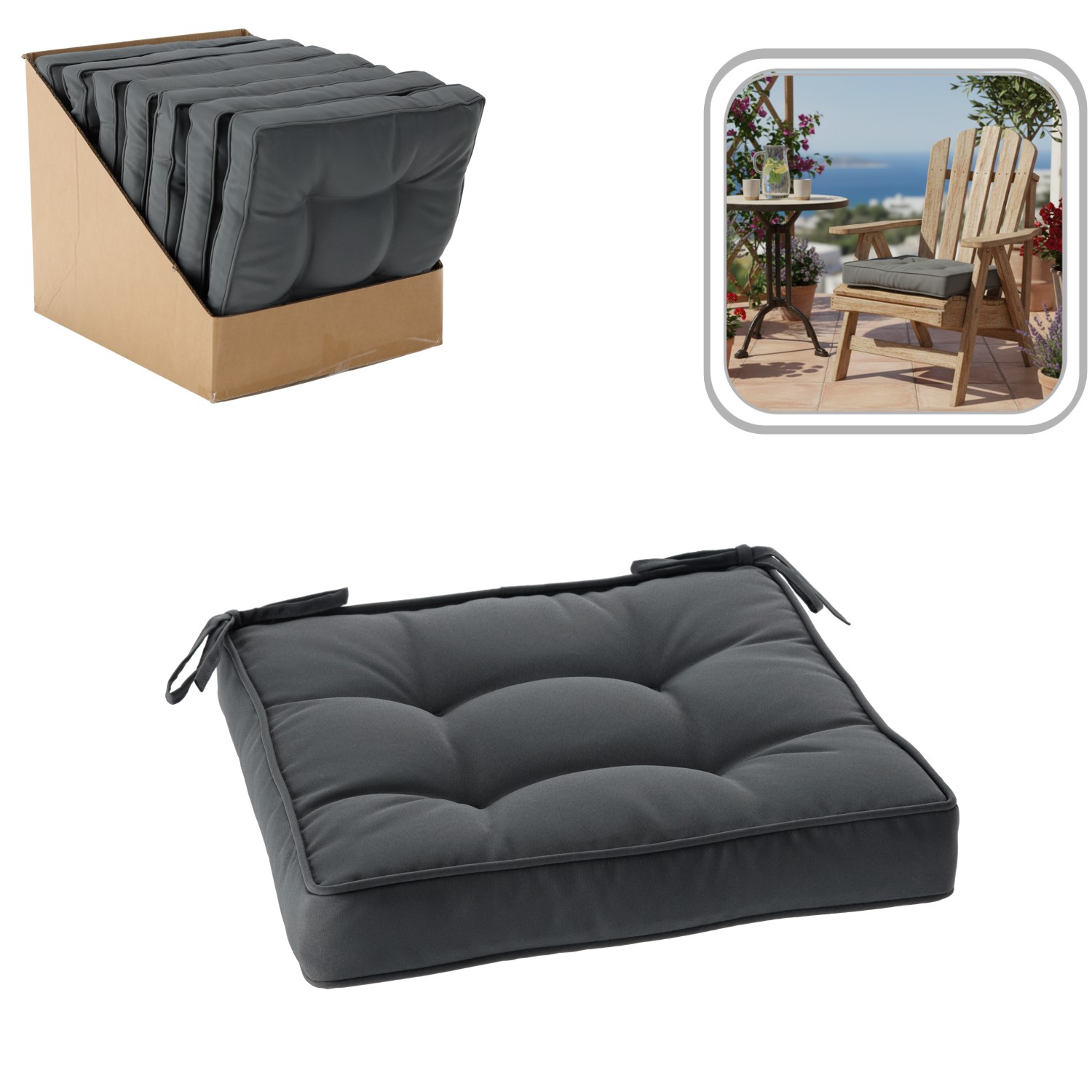 Perna scaun 40x40x6 cm, colturi drepte, poliester impermeabil, cu prindere, gri inchis - Image 7