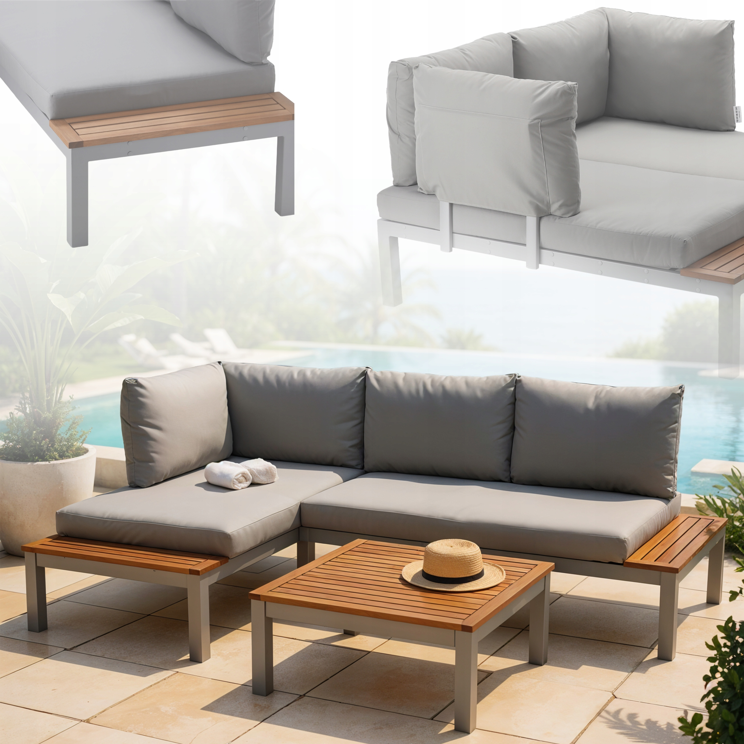 Set mobilier gradina Bohito modular cu perne, 2 canapele si masa, cadru aluminiu si lemn eucalipt, 138x76 cm, gri - Image 4