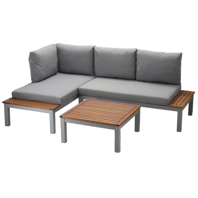 Set mobilier gradina Bohito modular cu perne, 2 canapele si masa, cadru aluminiu si lemn eucalipt, 138x76 cm, gri - Image 2