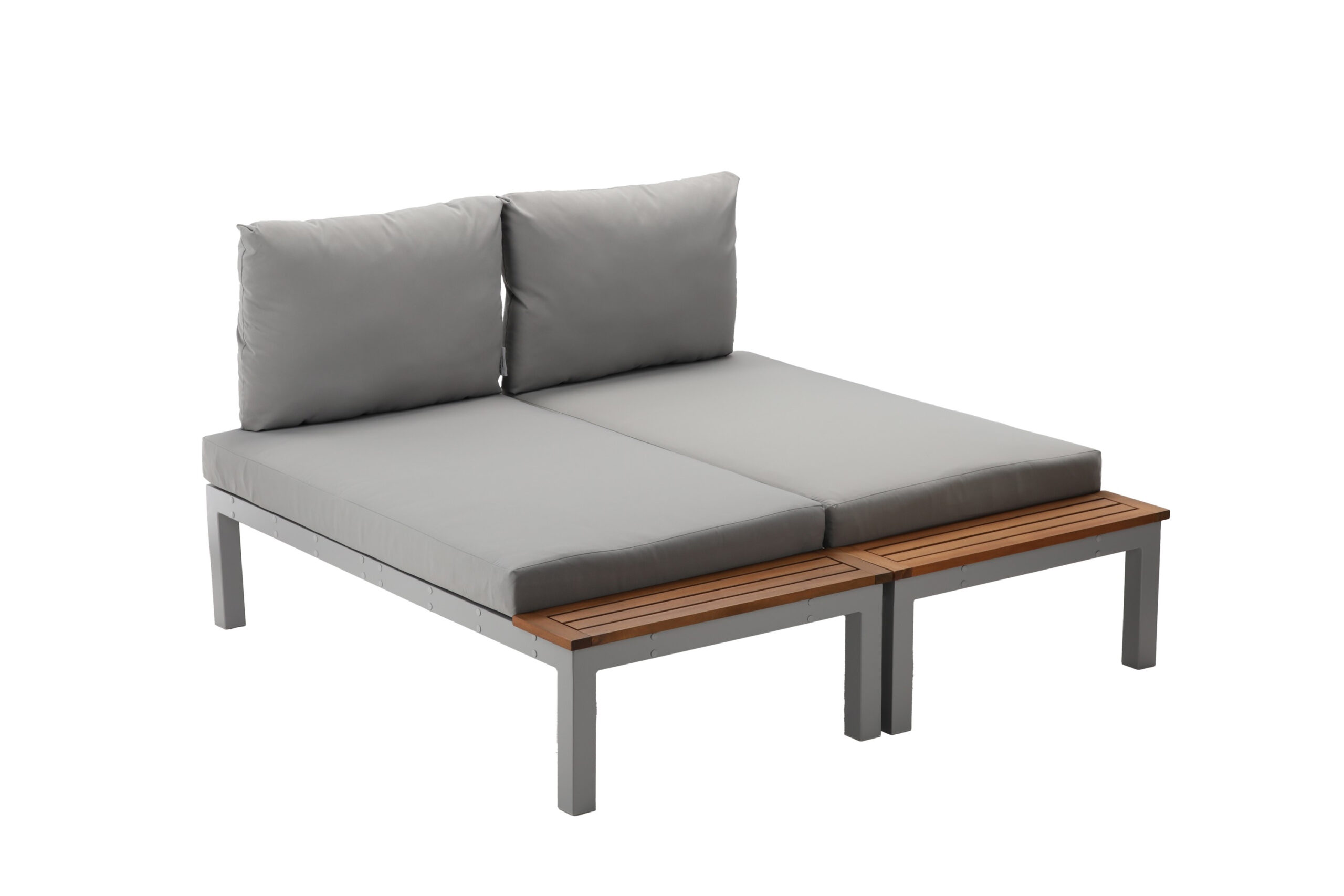 Set mobilier gradina Bohito modular cu perne, 2 canapele si masa, cadru aluminiu si lemn eucalipt, 138x76 cm, gri - Image 9